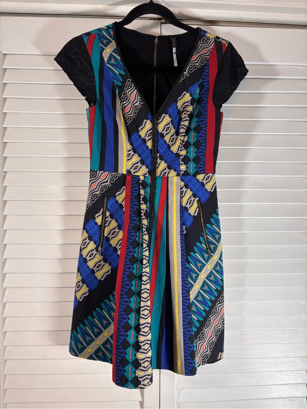 Plenty by Tracy Reese Geometric Patchwork Fit Flare Dress Zip Pocket Size 2